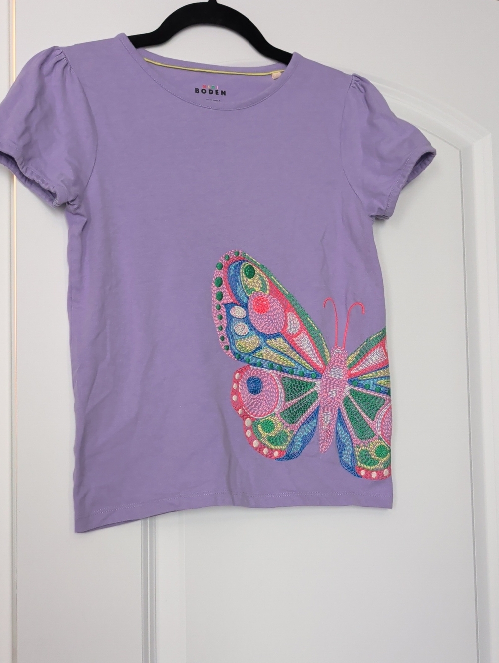 Boden Lavender Short-Sleeve Tee with Colorful Embroidered Butterfly